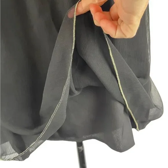 Lucky brand black silver flowy sheer smocked camisole w/gold trim hem sz M - Picture 10 of 16